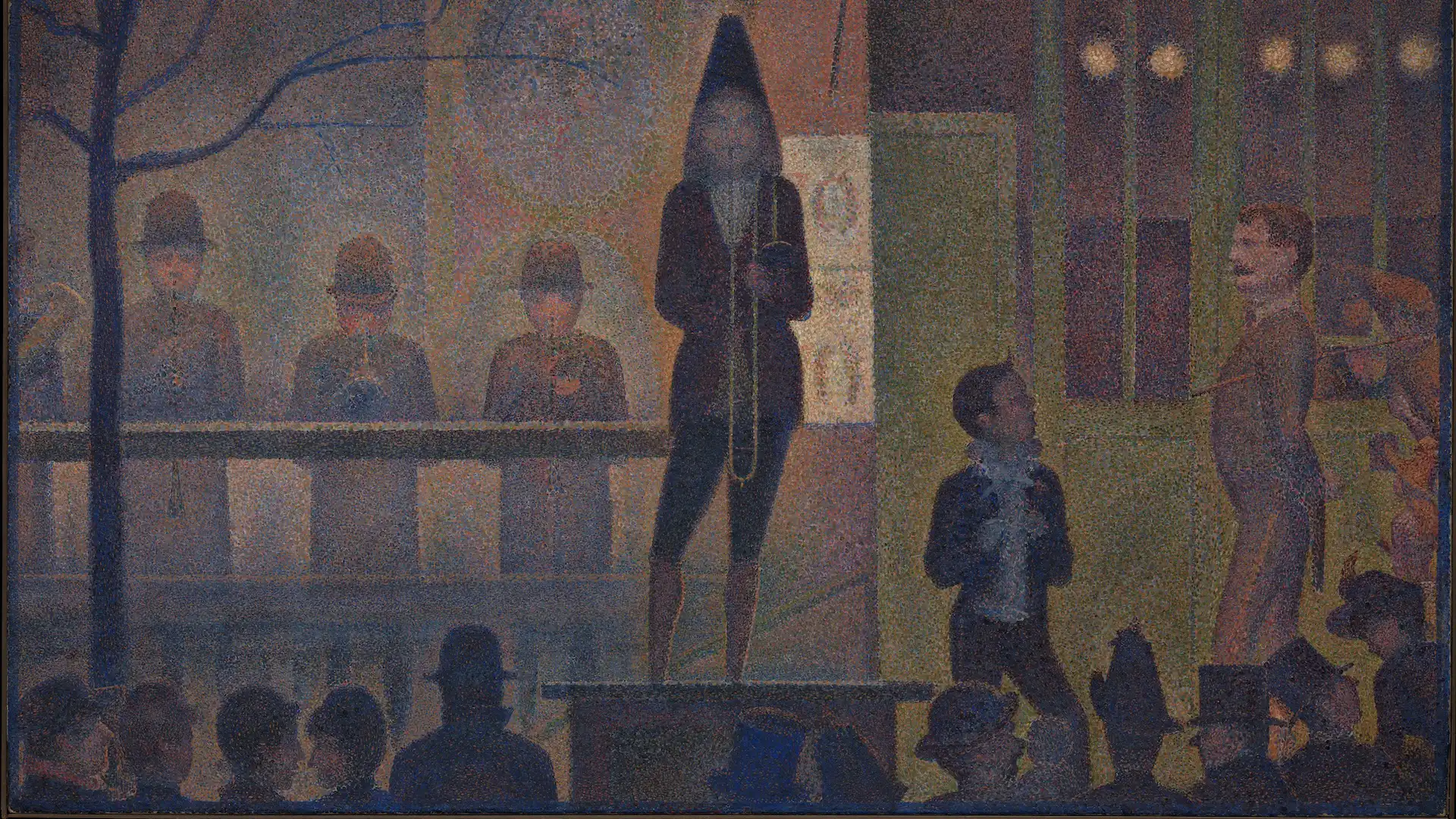 Detail from Circus Sideshow (1887-88) by George Seurat, depicting a performer in front of a crowd.